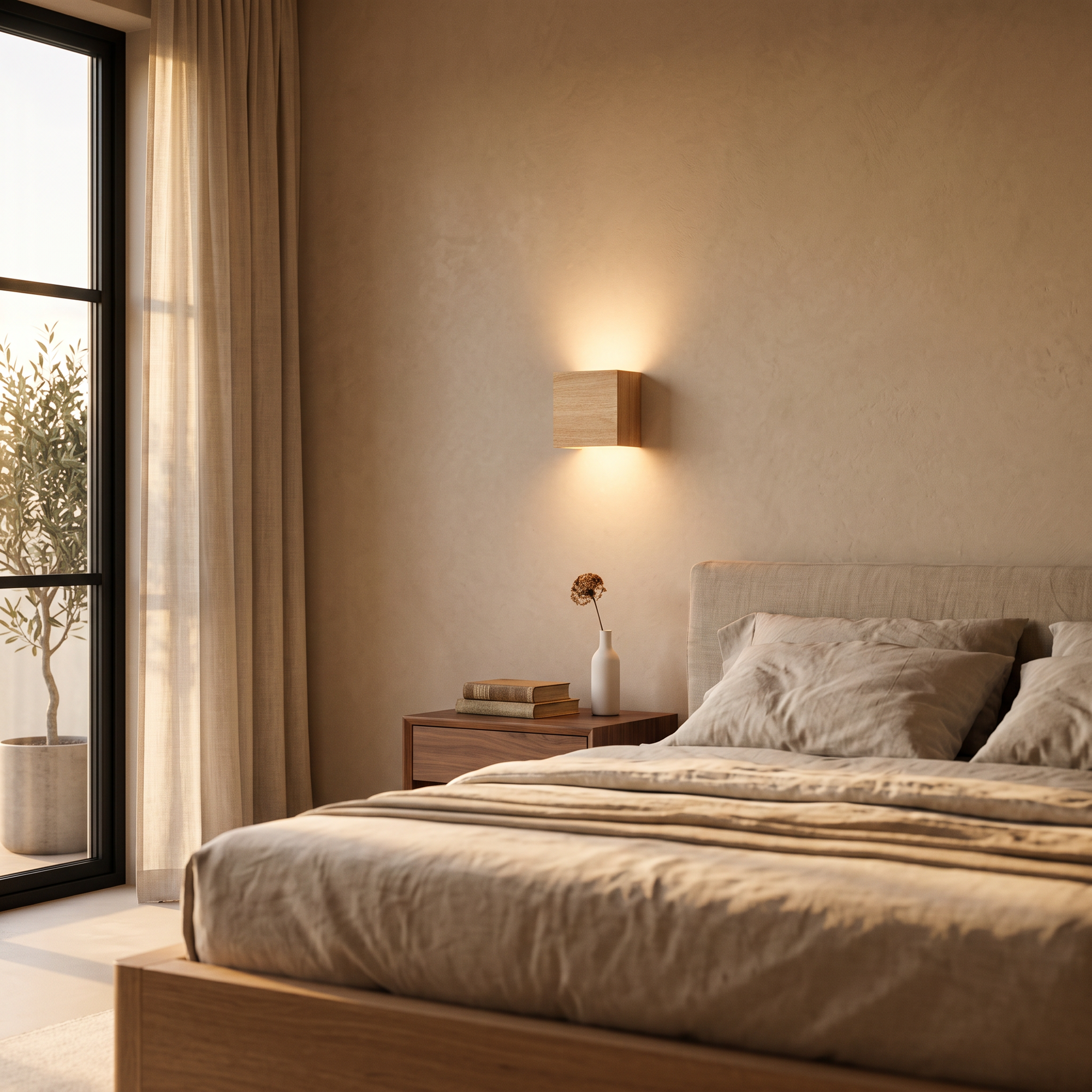 moor wall light in oak finish above a bedside table at golden hour