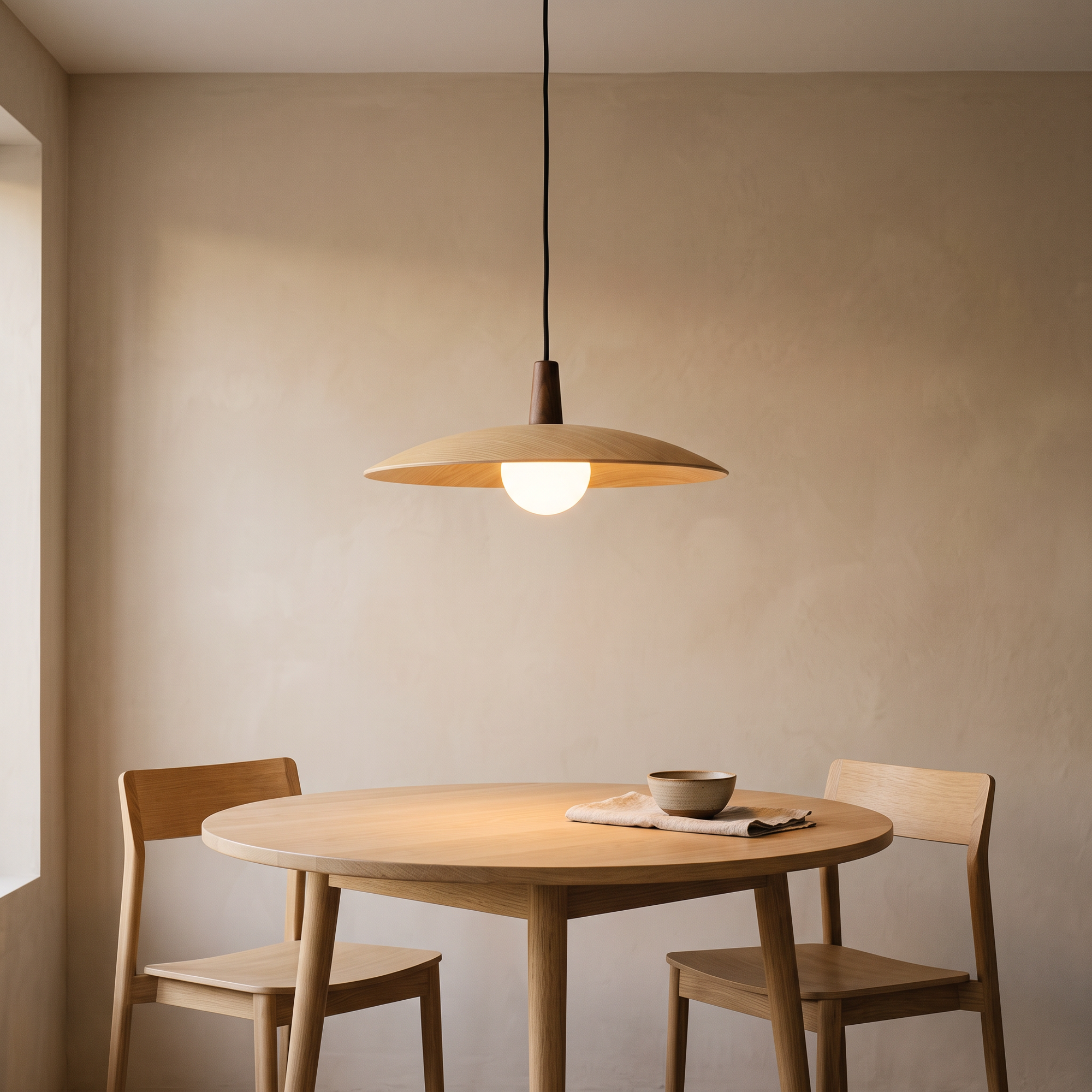 karst pendant, Log finish, above a round oak dining table