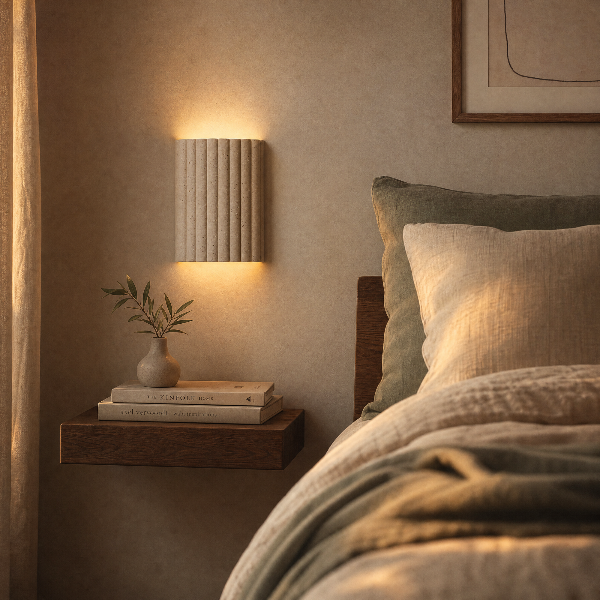 holt wall light beside a bed at golden hour