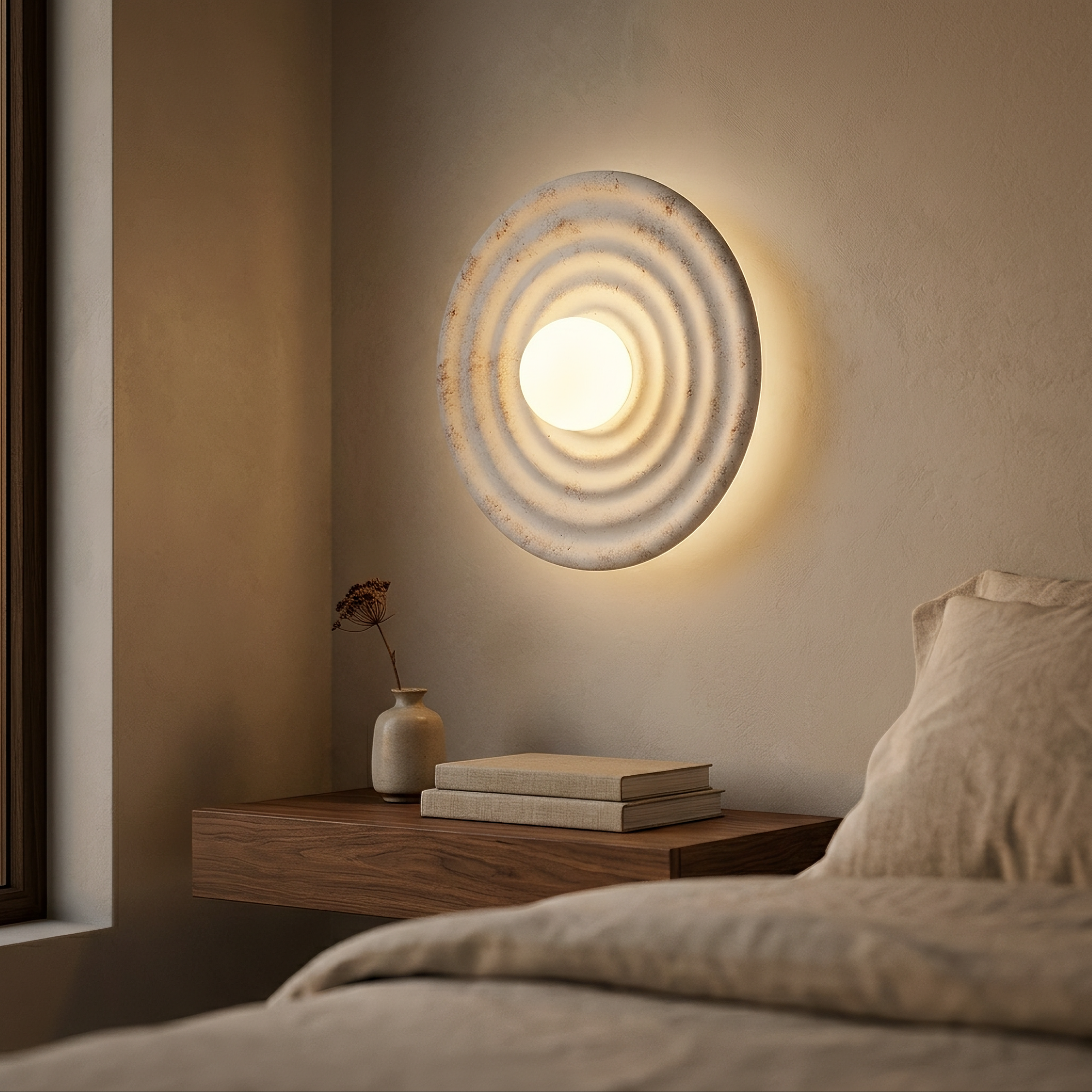 dene wall light mounted above a walnut bedside shelf