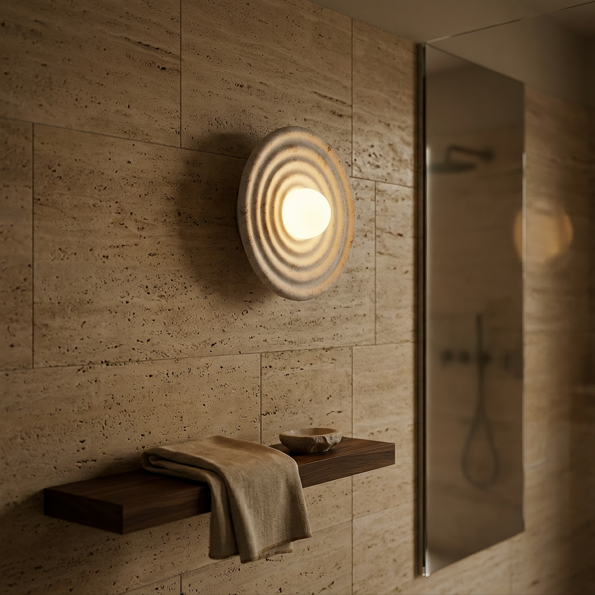 dene wall light mounted on a travertine bathroom wall