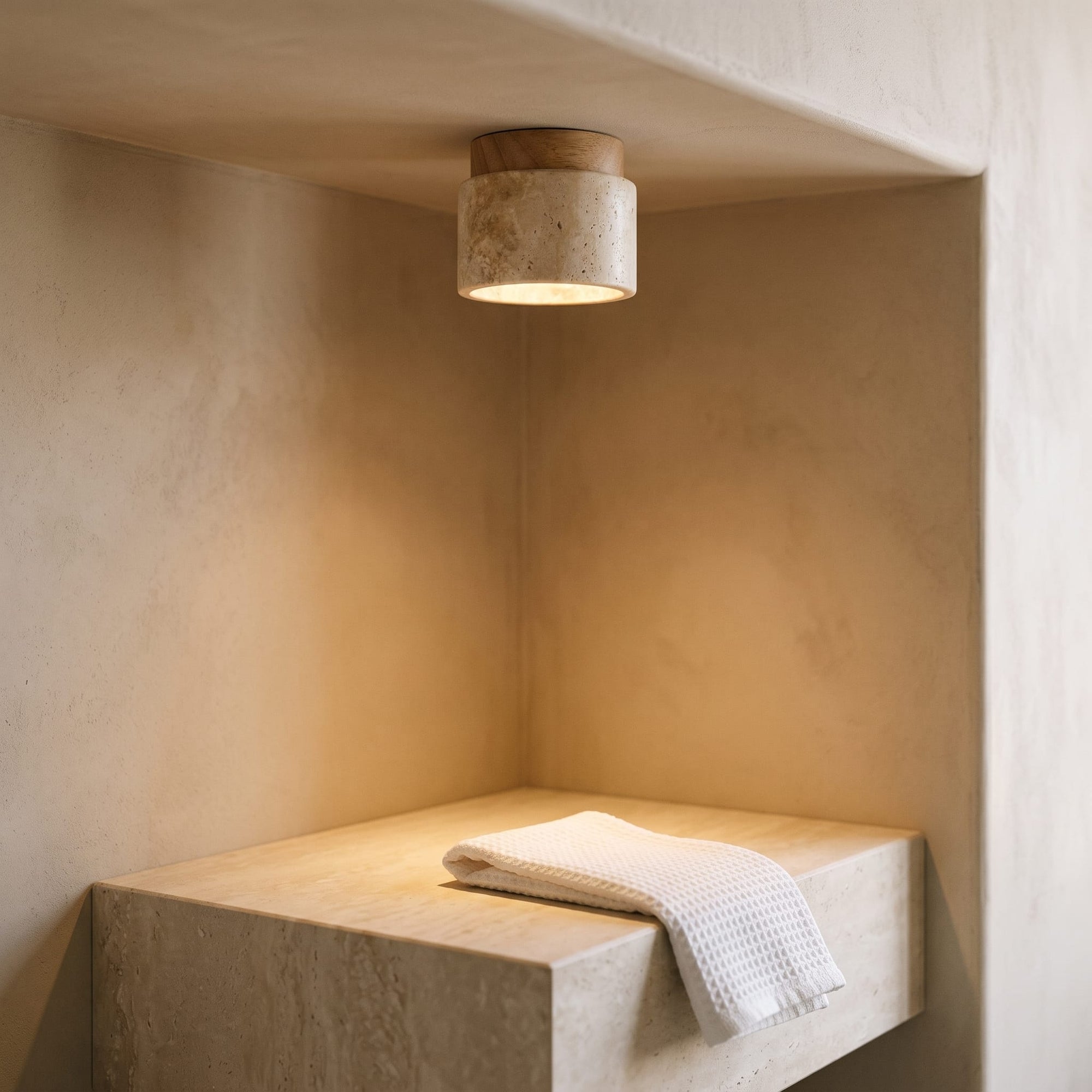 ridge ceiling light, natural oak, above a bathroom vanity