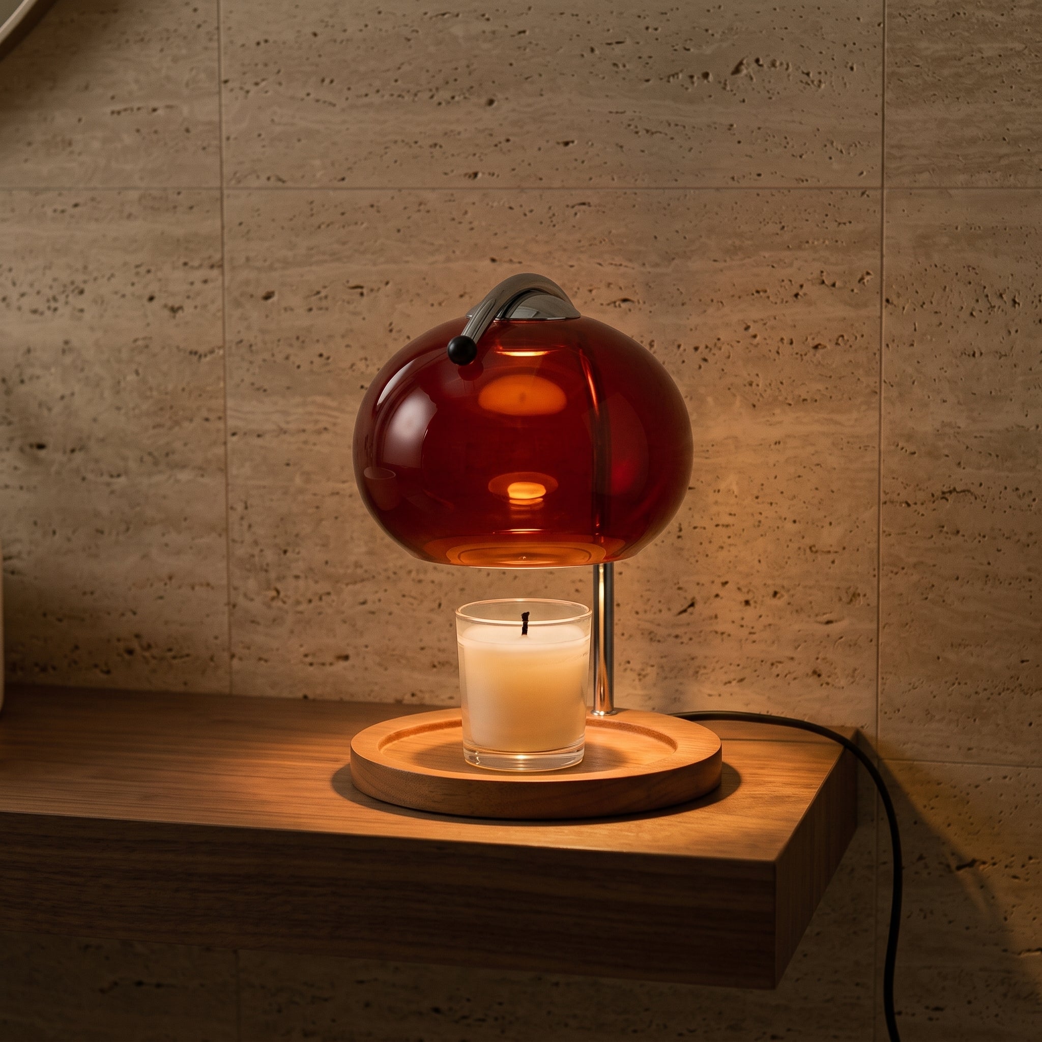 Swale candle warmer on a travertine bathroom vanity ledge