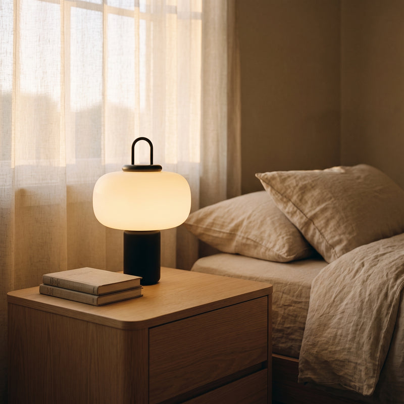 Loch table lamp on an oak bedside cabinet at golden hour