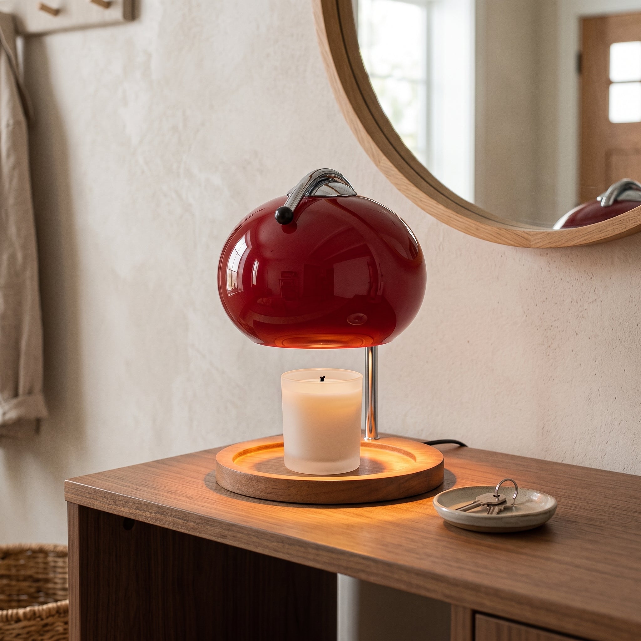 Swale candle warmer on a walnut entry console table