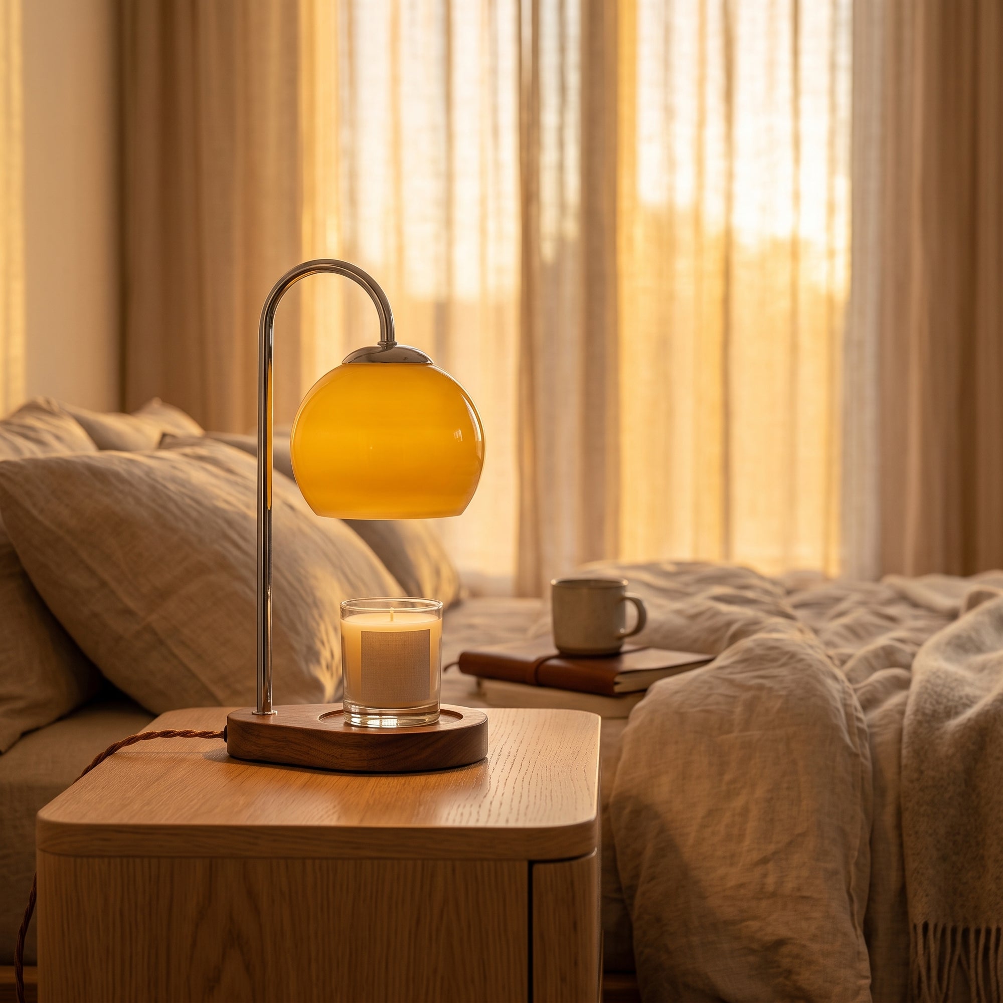 Weald candle warmer, light brown, on a bedside table at golden hour