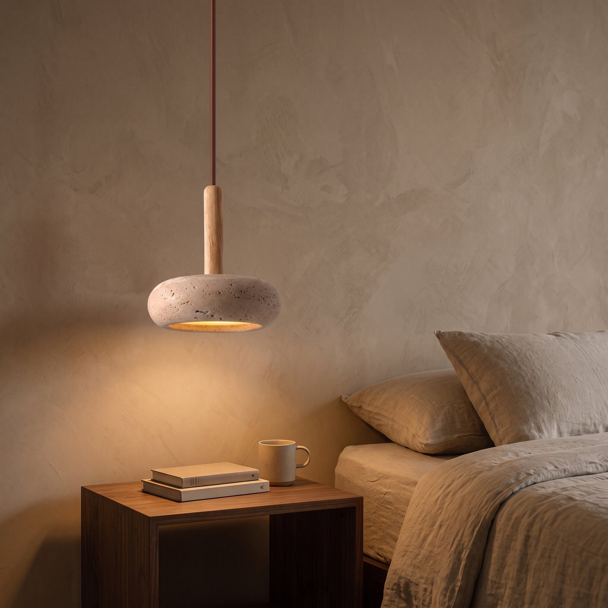 mere pendant light hung low over a walnut bedside table at dusk