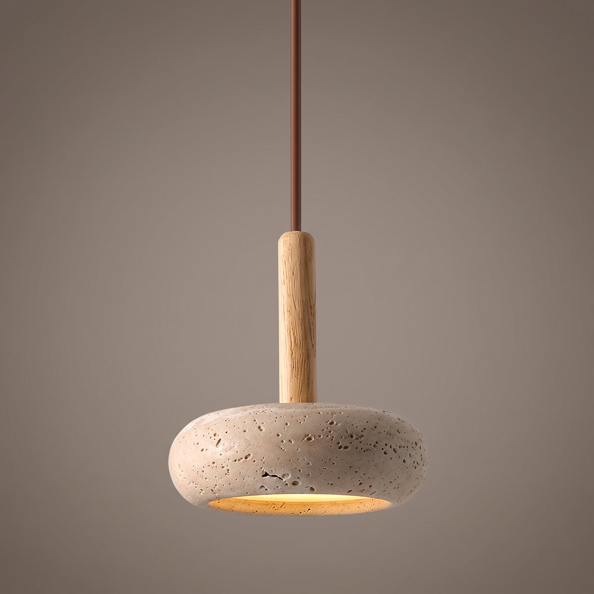 mere pendant light, stone-effect donut shade on turned oak collar, studio hero
