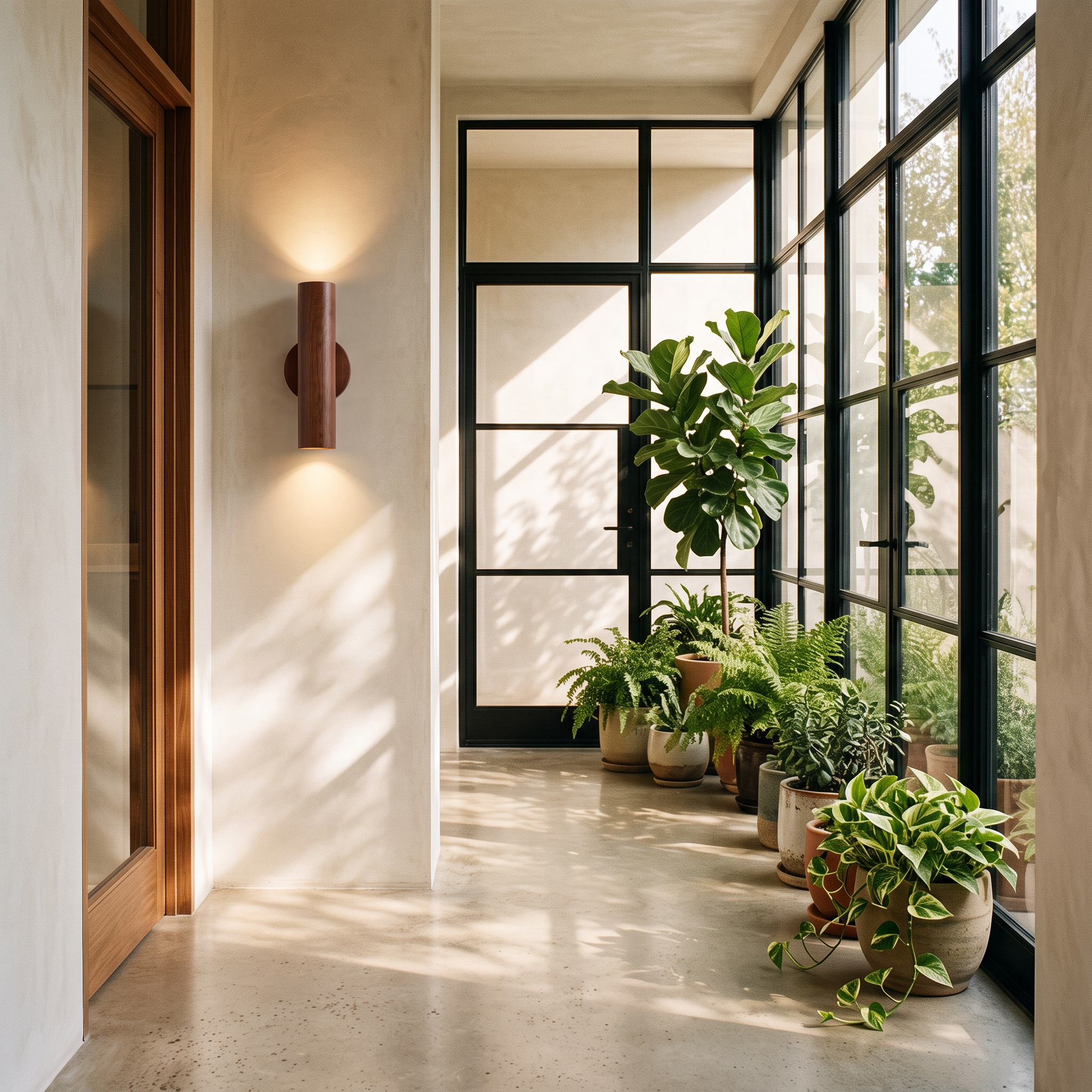 weir wall light in walnut, entry hallway