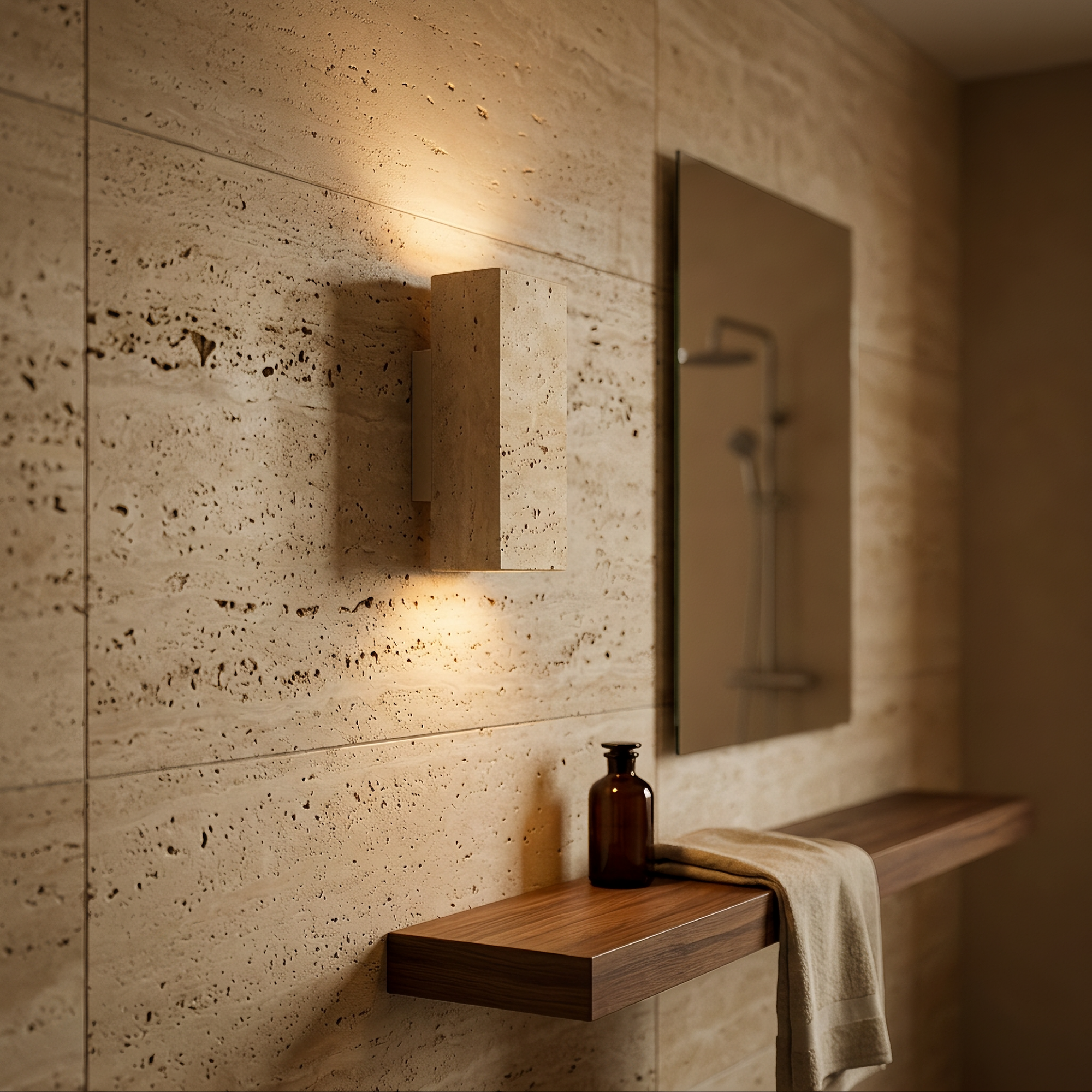 scar wall light mounted on a travertine bathroom wall above a walnut vanity ledge