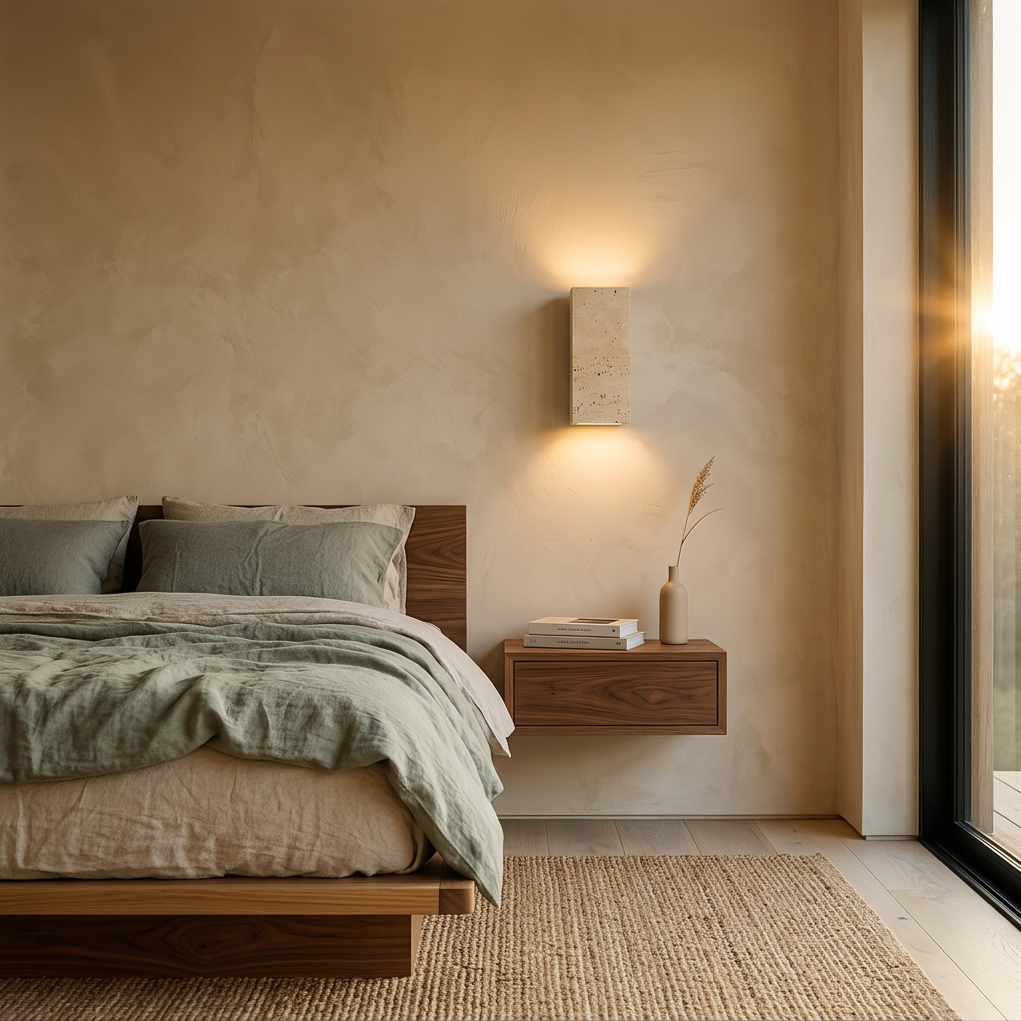 scar wall light above a walnut bedside table in a warm limewash bedroom