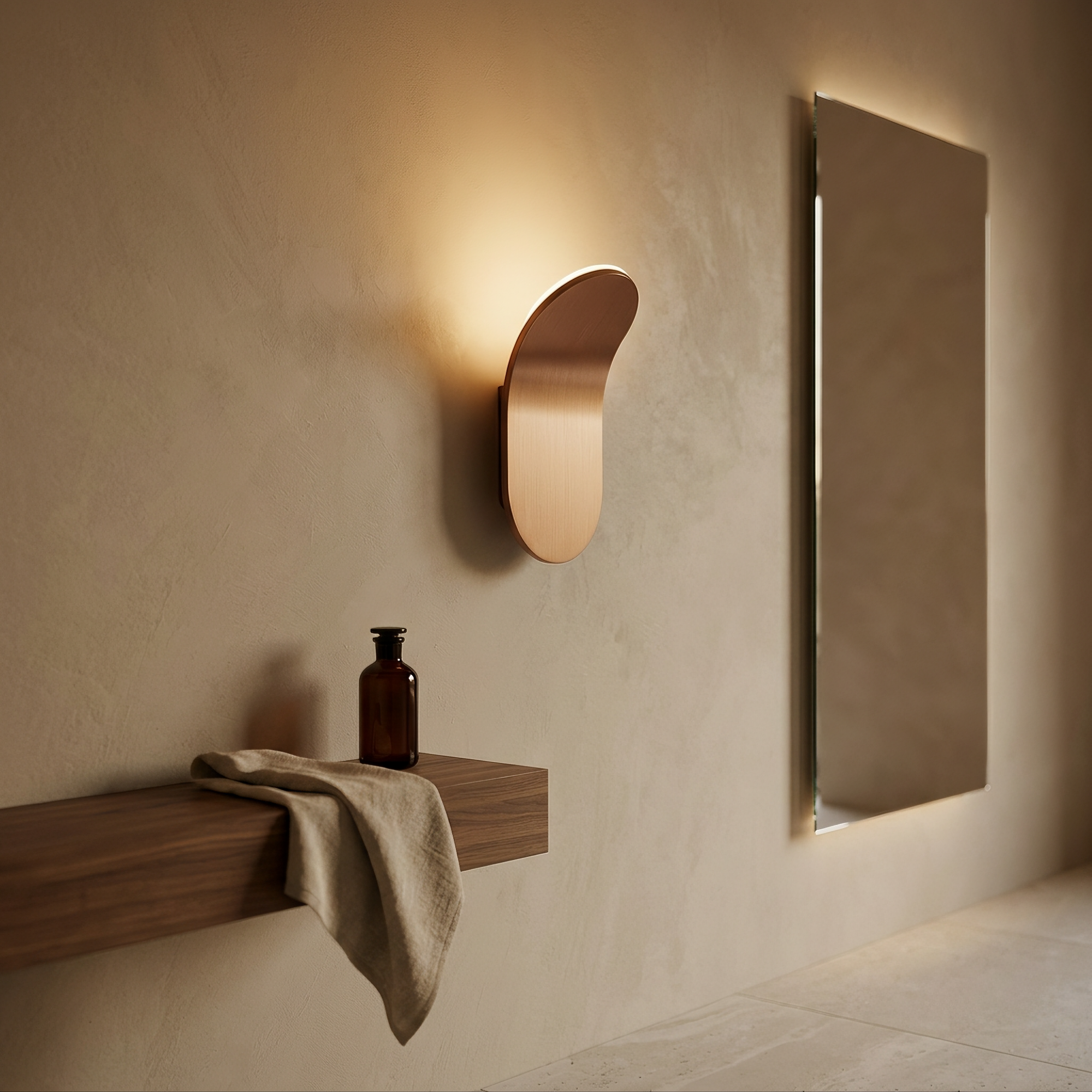 strath wall light glowing warmly on a plaster bathroom wall beside a walnut vanity ledge