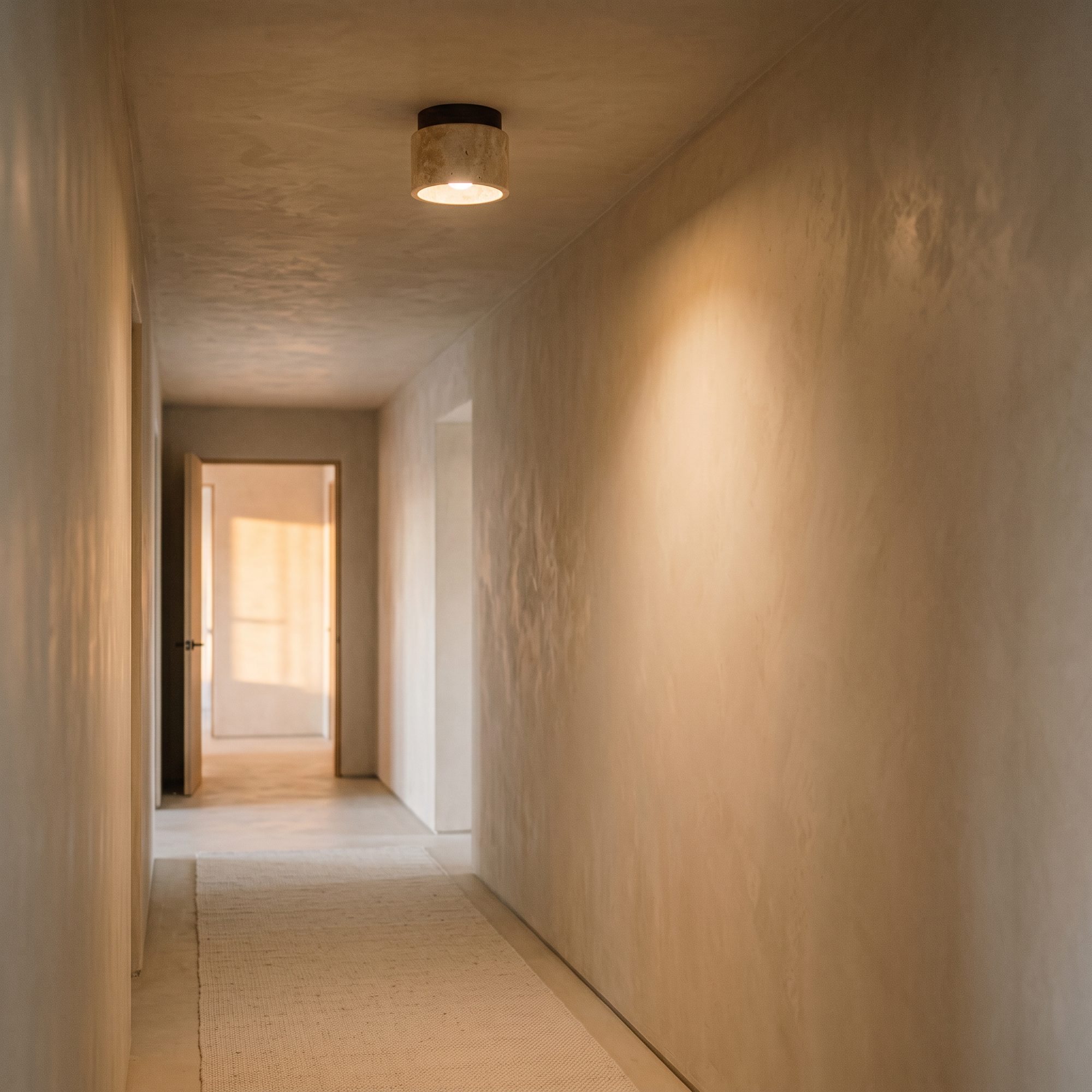 ridge ceiling light, walnut, mounted above a hallway