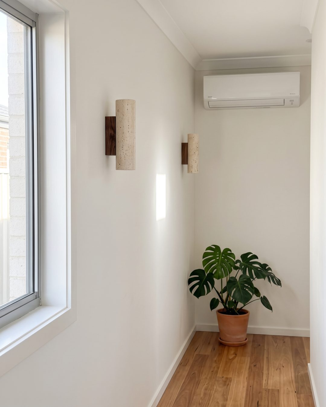 travertine & walnut wall lamp