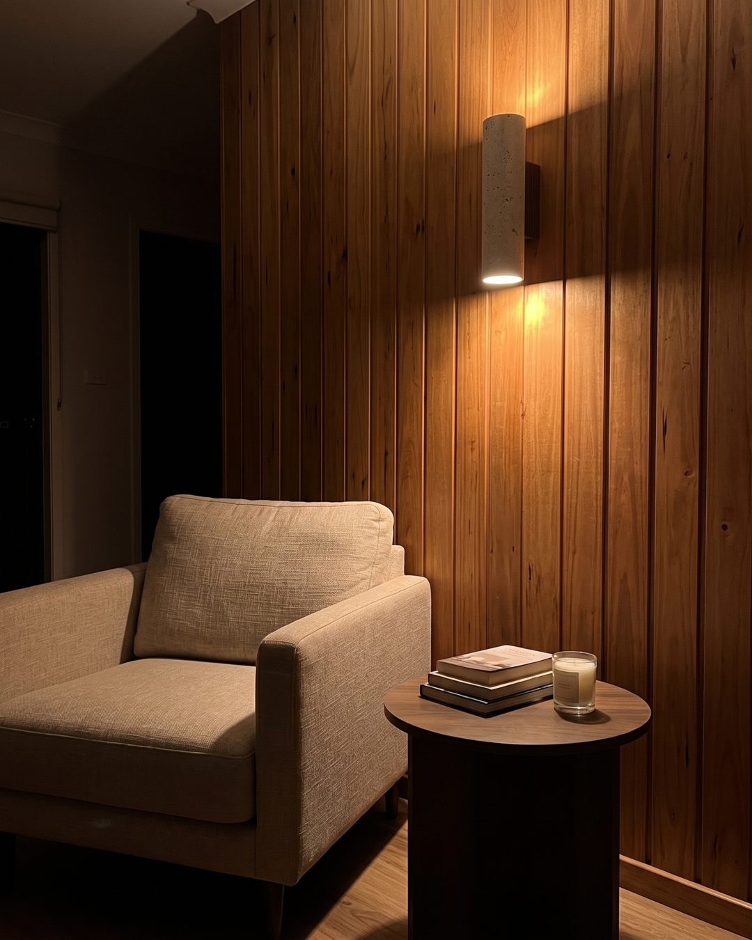 travertine & walnut wall lamp