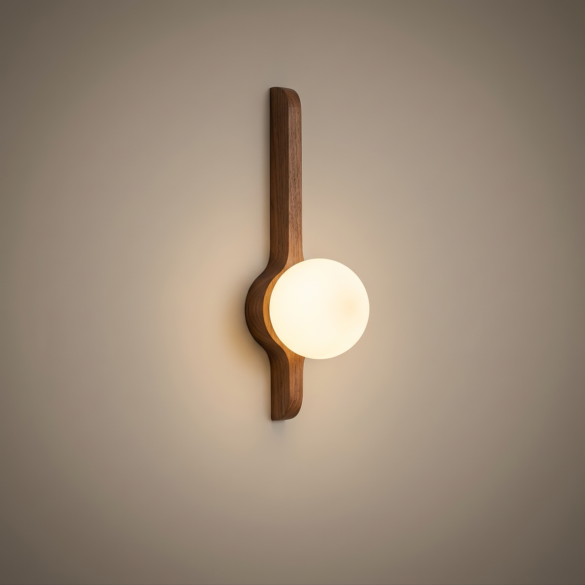 wick wall light, solid walnut wood wall sconce with frosted glass globe, studio hero