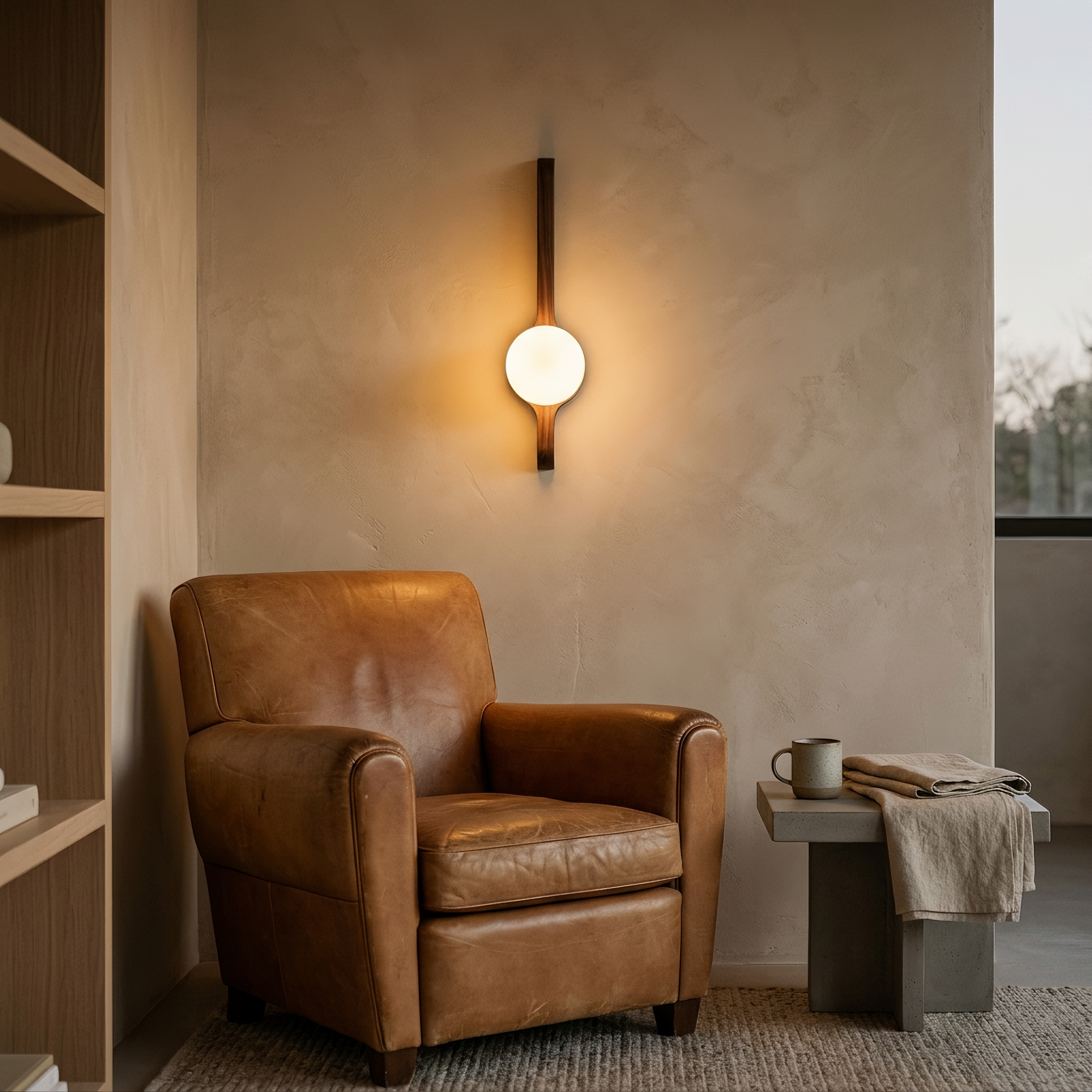 wick wall light glowing beside a leather armchair in a living room reading nook