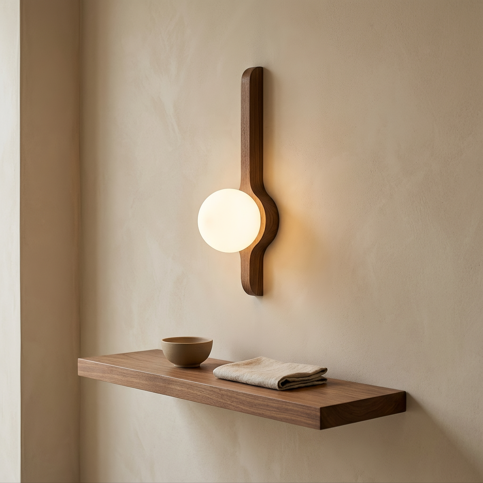 wick wall light mounted above a floating walnut shelf in a hallway